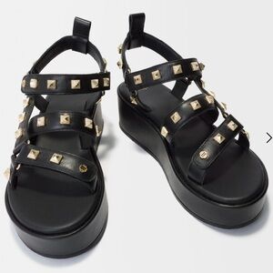 NWOT Maje gold studded black leather platform sandals size FR38/EU37 MSRP $550